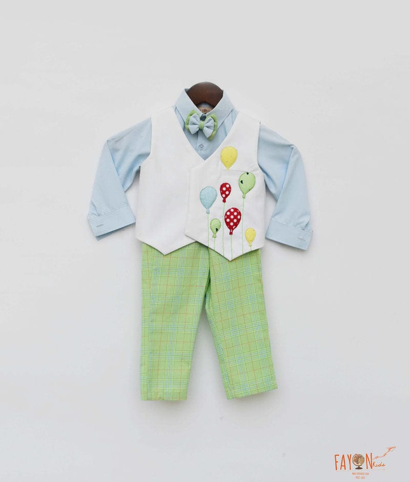 Off white Balloons Waist Coat with Blue Shirt and Green Check Pant for Boys