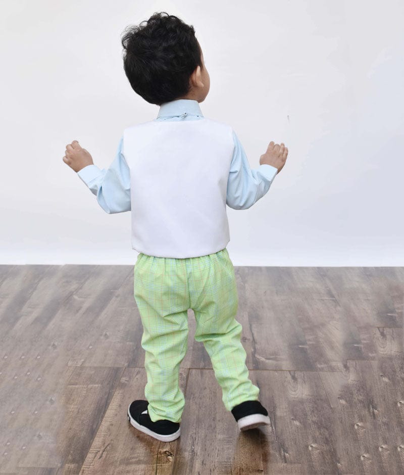 Off white Balloons Waist Coat with Blue Shirt and Green Check Pant for Boys
