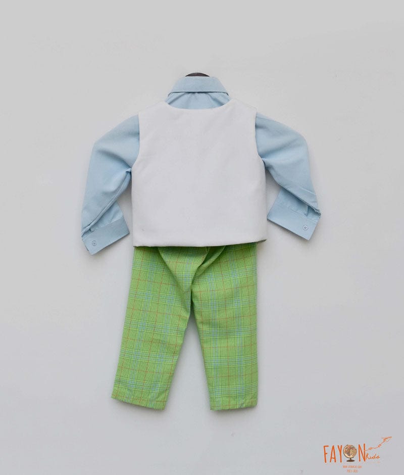 Off white Balloons Waist Coat with Blue Shirt and Green Check Pant for Boys