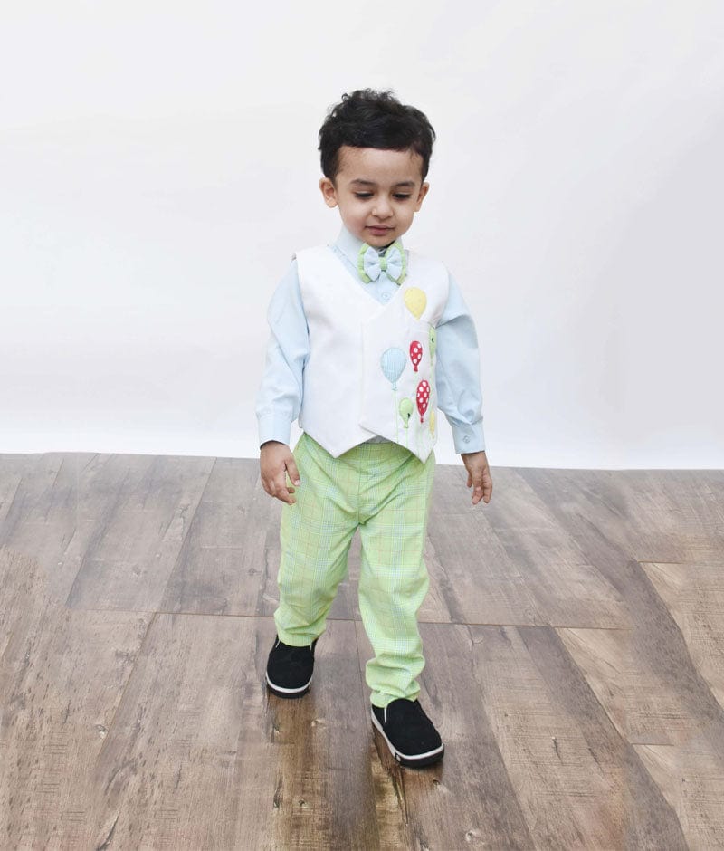 Off white Balloons Waist Coat with Blue Shirt and Green Check Pant for Boys