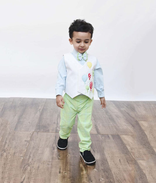 Off white Balloons Waist Coat with Blue Shirt and Green Check Pant for Boys