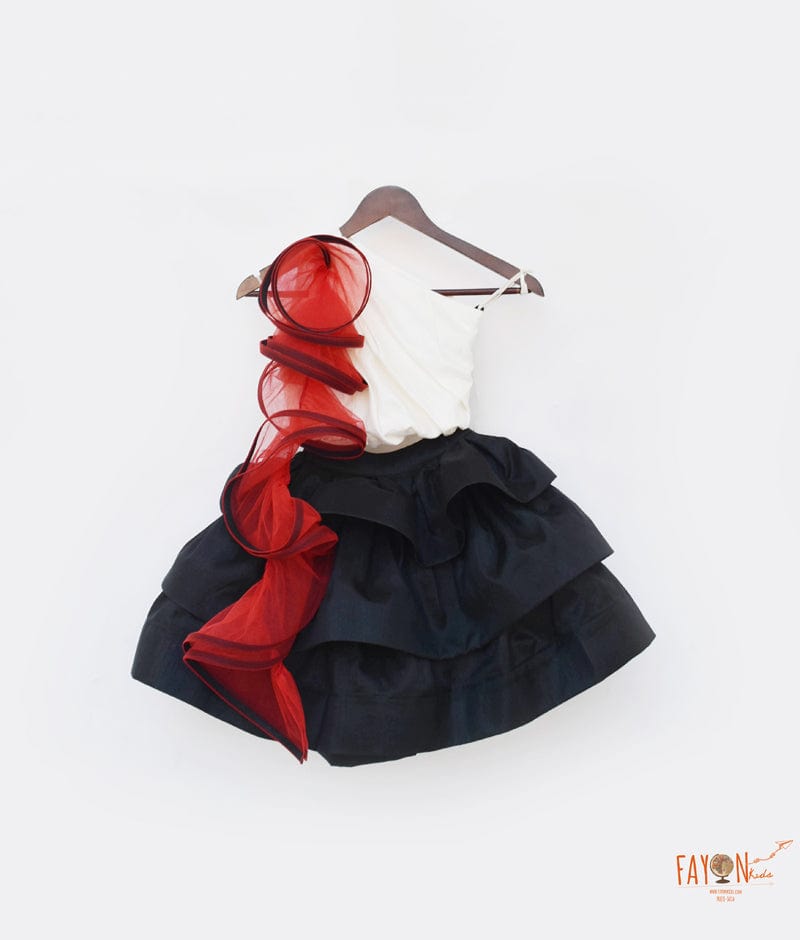 Off white Black Silk Crop Top with Skirt attached Net Frill for Girls