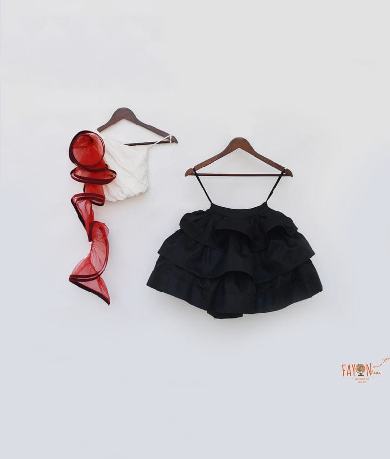 Off white Black Silk Crop Top with Skirt attached Net Frill for Girls