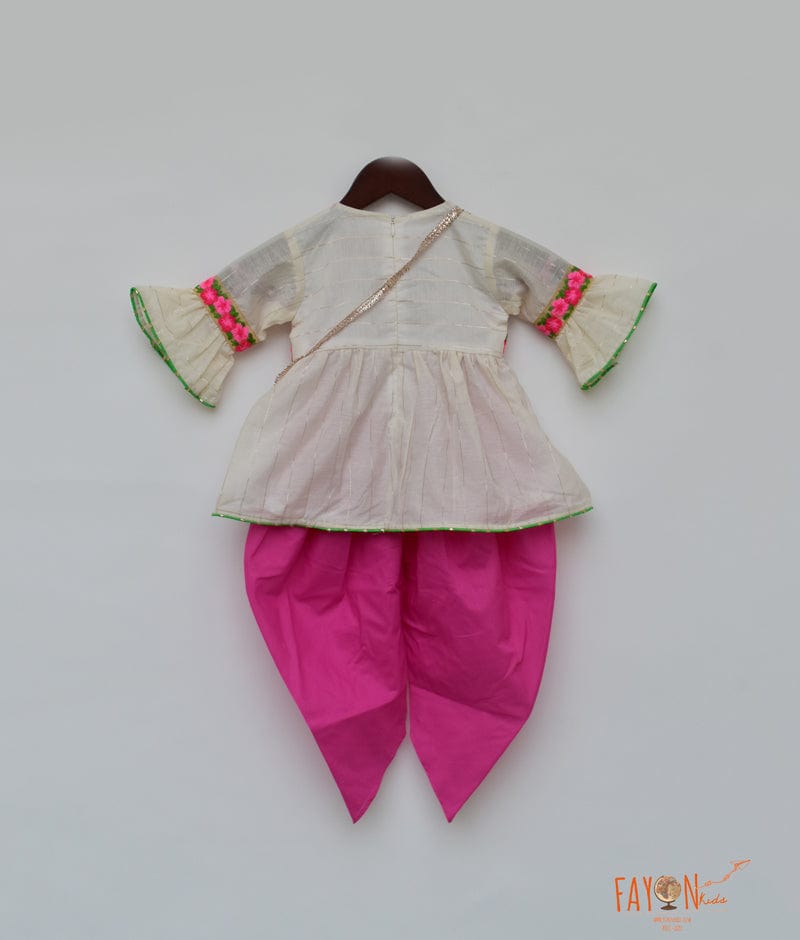 Off white Chanderi Pink Cotton Cambric Dhoti Set for Girls