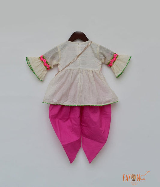 Off white Chanderi Pink Cotton Cambric Dhoti Set for Girls