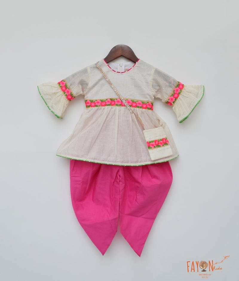 Off white Chanderi Pink Cotton Cambric Dhoti Set for Girls