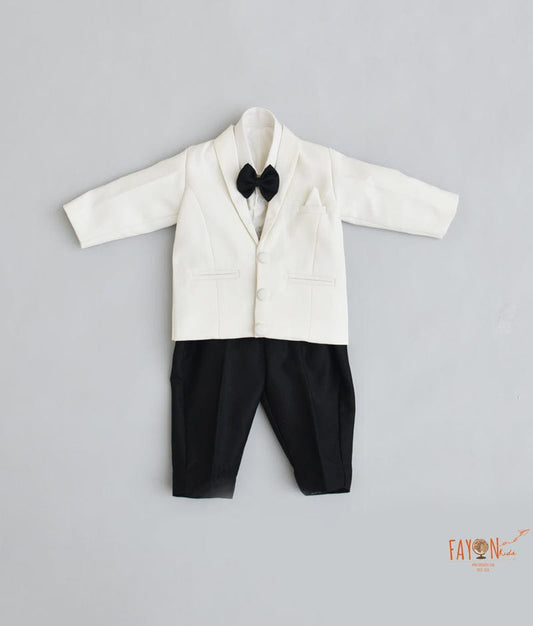 Off white Coat with White Shirt and Black Pant for Boys