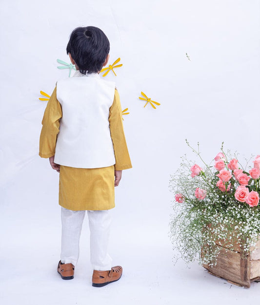 Off white Embroidery Nehru Jacket with Musterd Yellow Kurta Chudidar for Boys