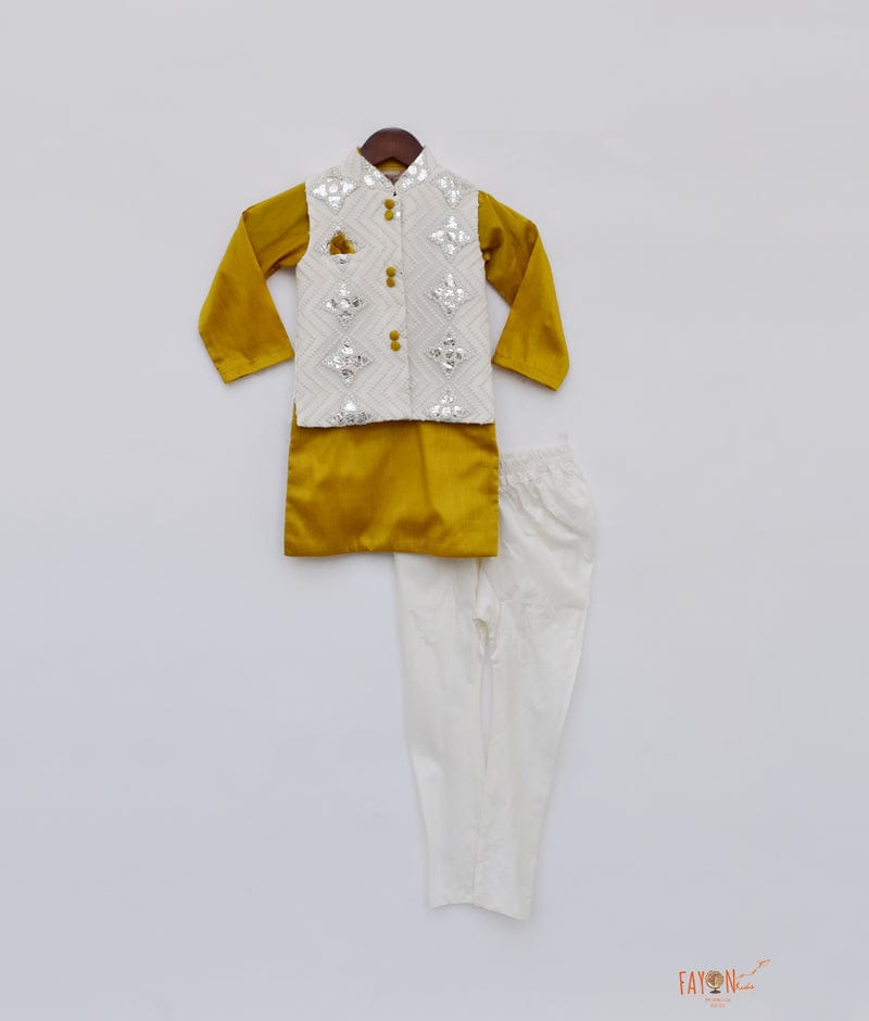 Off white Embroidery Nehru Jacket with Musterd Yellow Kurta Chudidar for Boys