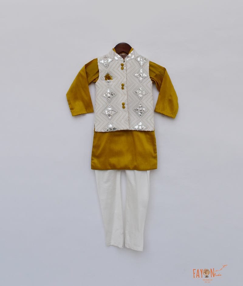 Off white Embroidery Nehru Jacket with Musterd Yellow Kurta Chudidar for Boys