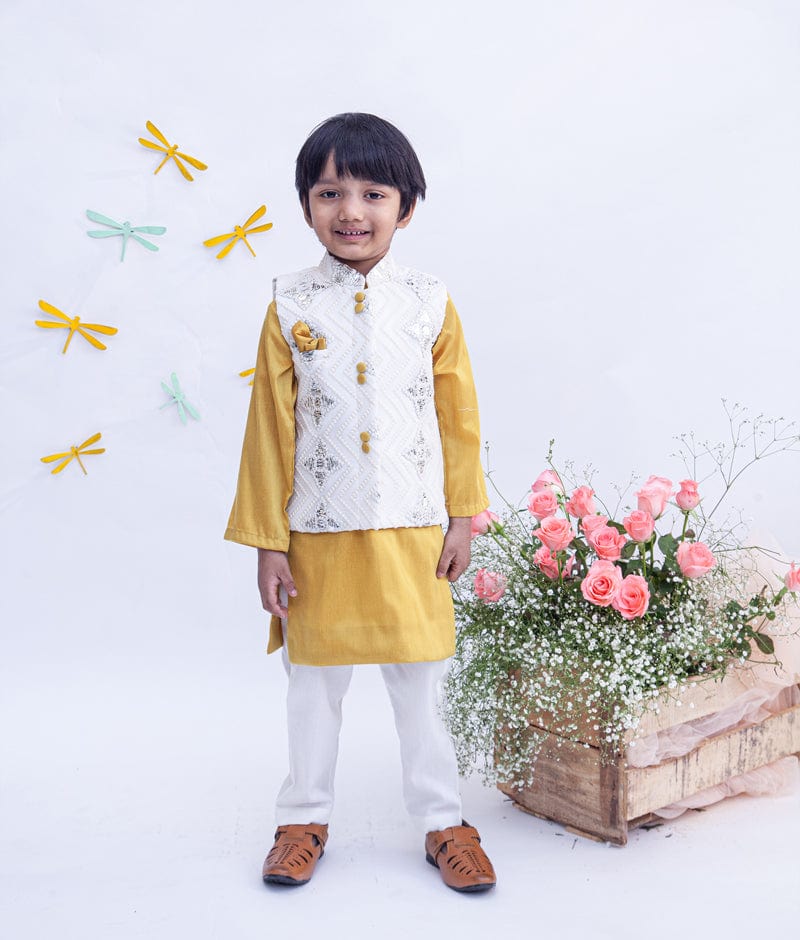 Off white Embroidery Nehru Jacket with Musterd Yellow Kurta Chudidar for Boys