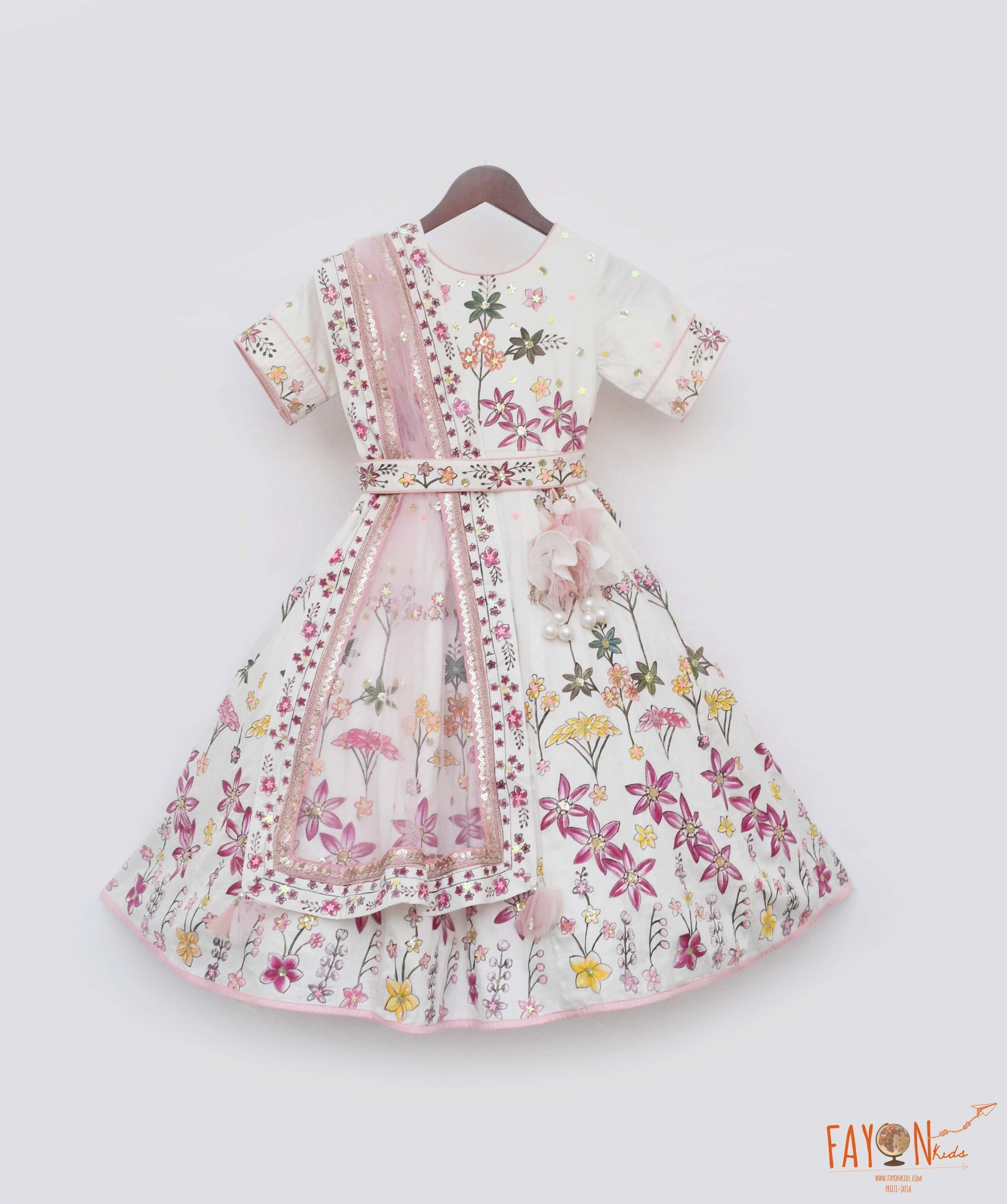 Off white Hand Painted Anarkali with Net Dupatta for Girls