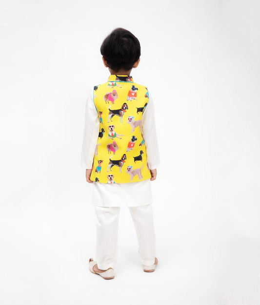 Off white Kurta with Printed Jacket Pant for Boys