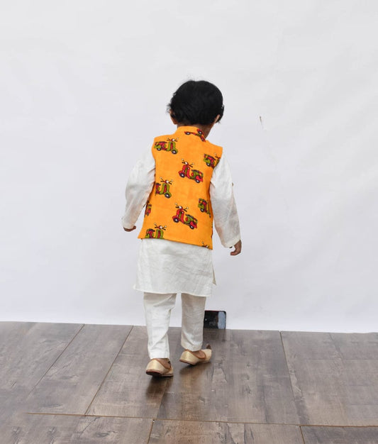 Shop Off White Kurta with Scooter Print Jacket Pant for Boys