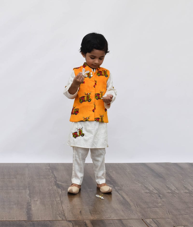 Shop Off White Kurta with Scooter Print Jacket Pant for Boys