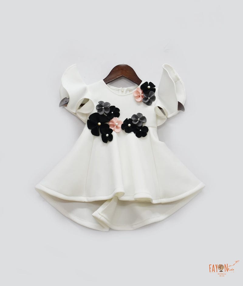 Off white Lycra Dress with Lycra Flowers for Girls