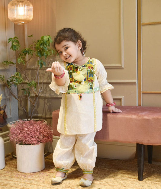 Off white Self Kurti and Salwar for Girls