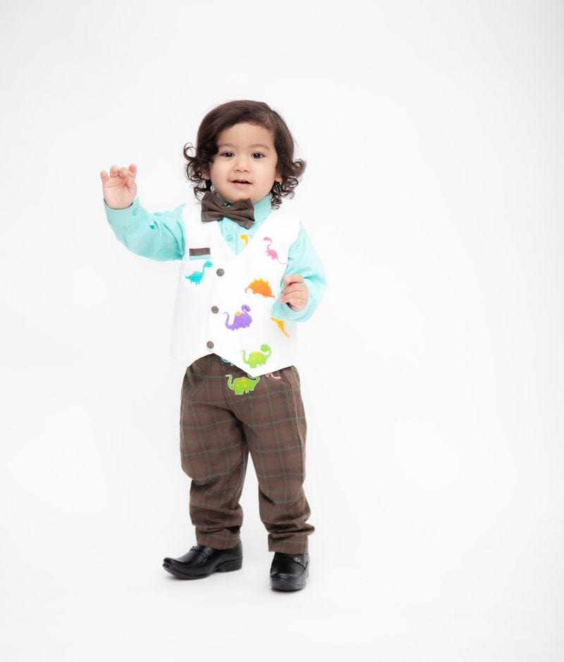 Off white Waist Coat with Acqua Shirt and Brown Checks Pant for Boys
