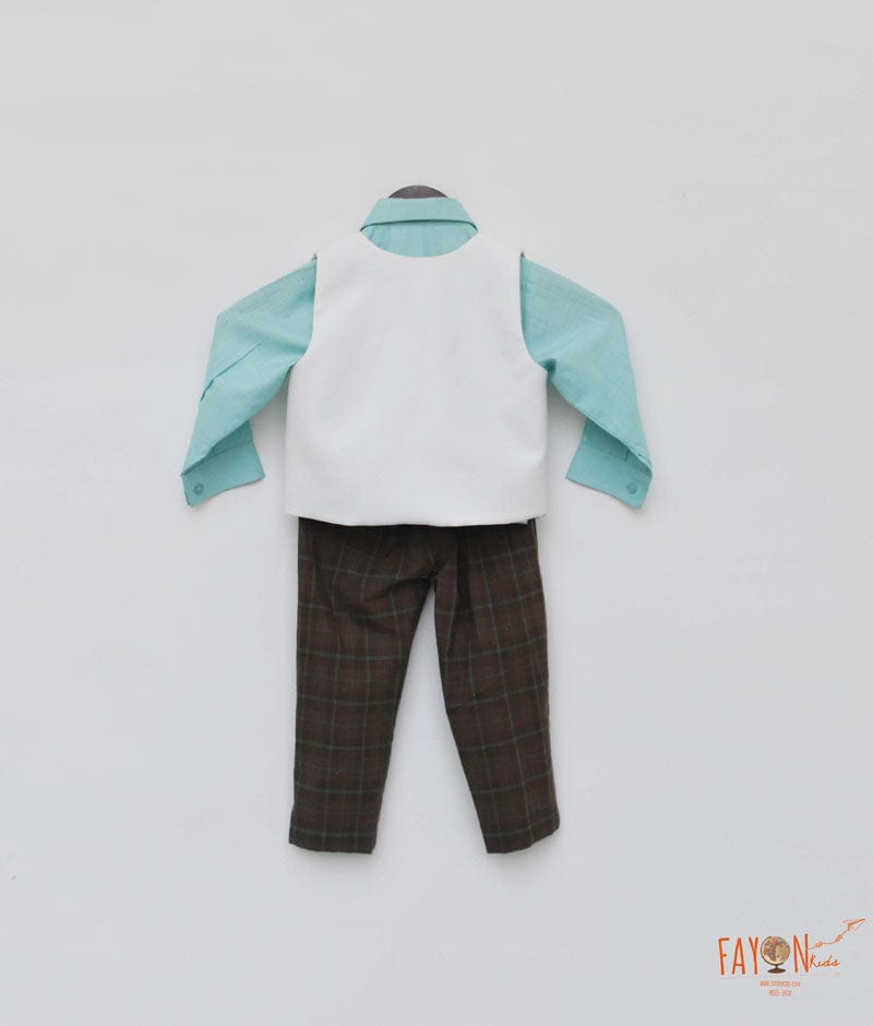 Off white Waist Coat with Acqua Shirt and Brown Checks Pant for Boys