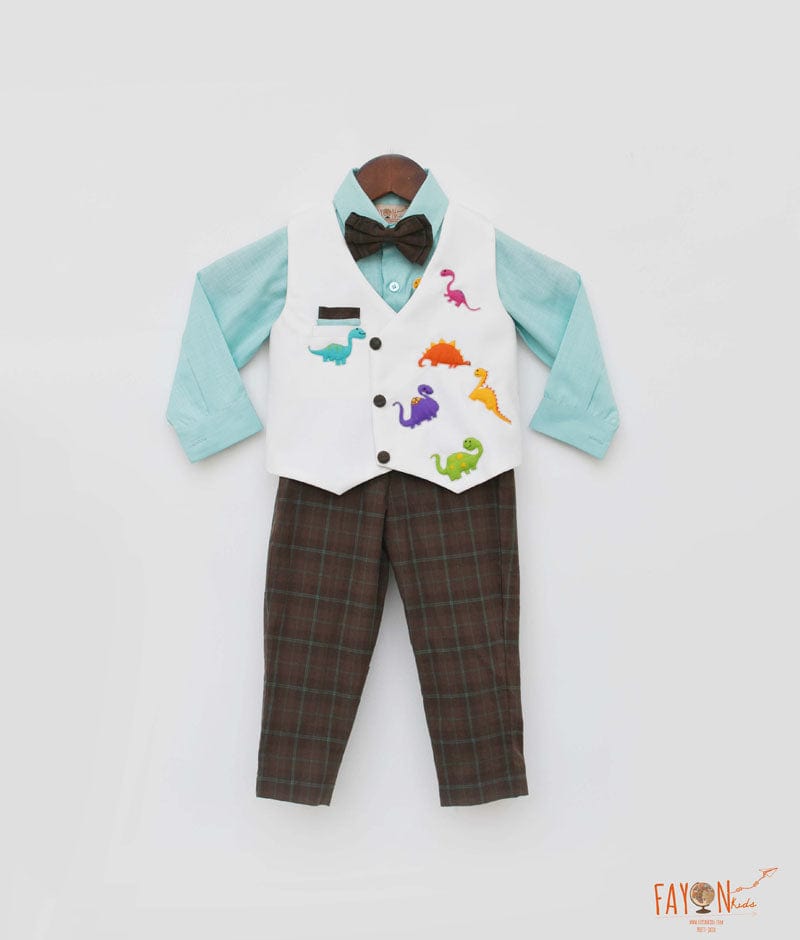 Off white Waist Coat with Acqua Shirt and Brown Checks Pant for Boys