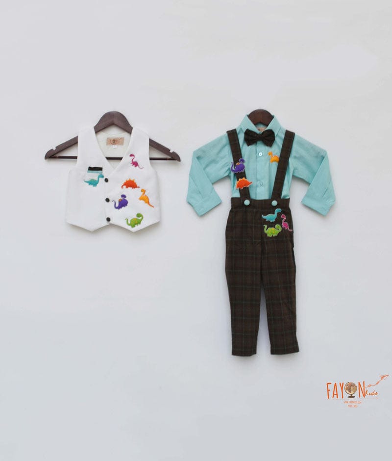 Off white Waist Coat with Acqua Shirt and Brown Checks Pant for Boys