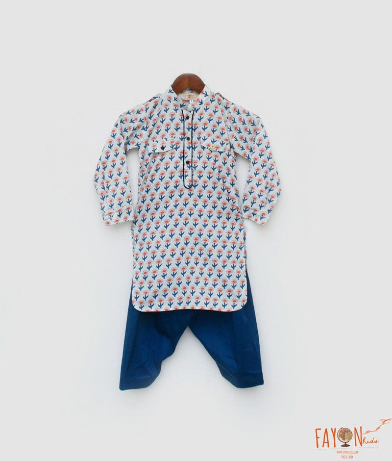 Fayon Kids Orange Flower Boti Print Kurta and Salwar for Boys