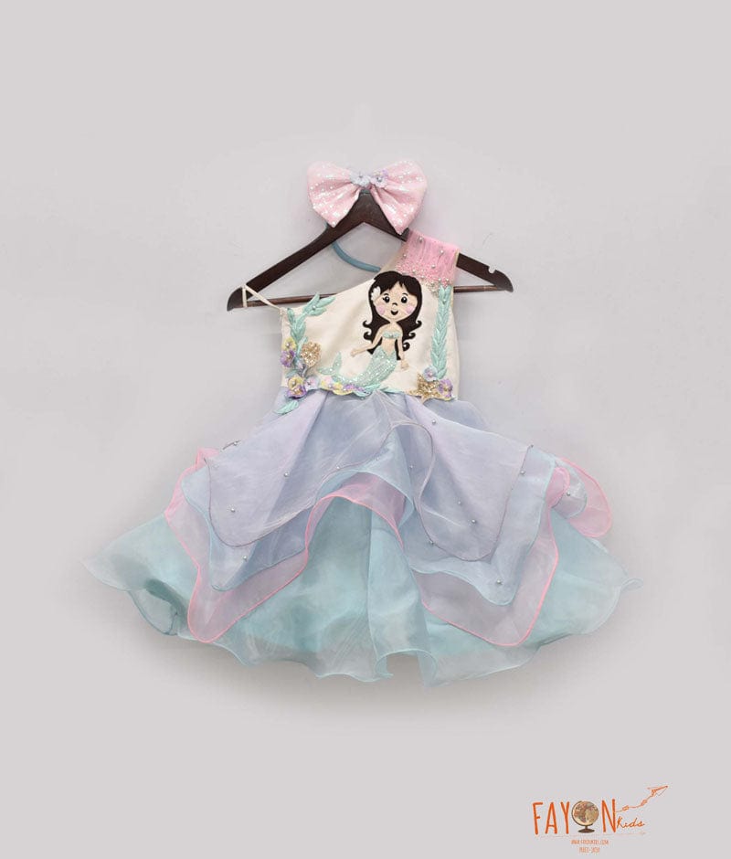 Organza Frock with Mermaid motif and 3D flowers for Girls