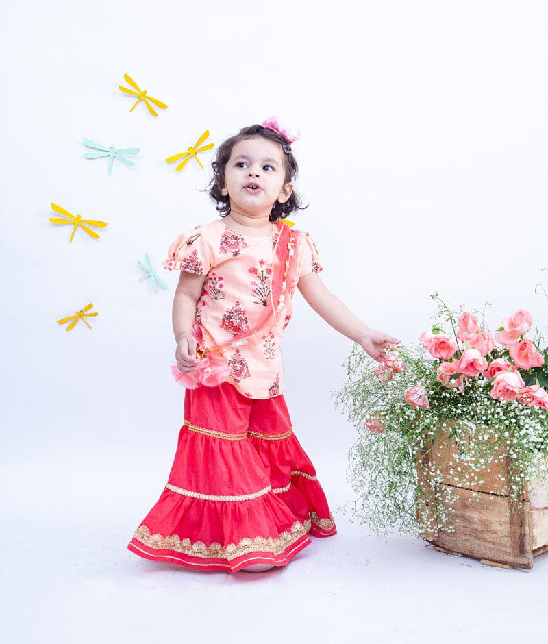 Peach Coral Cotton Printed Sharara with Kurti for Girls