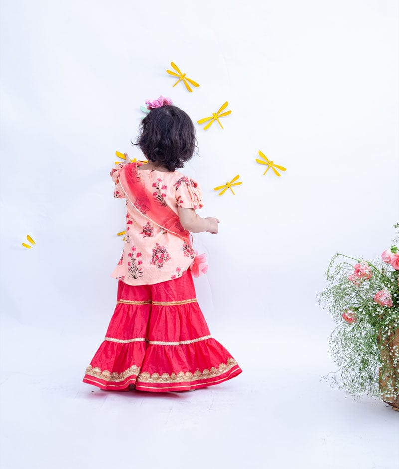 Peach Coral Cotton Printed Sharara with Kurti for Girls