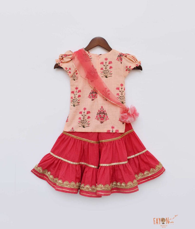 Peach Coral Cotton Printed Sharara with Kurti for Girls