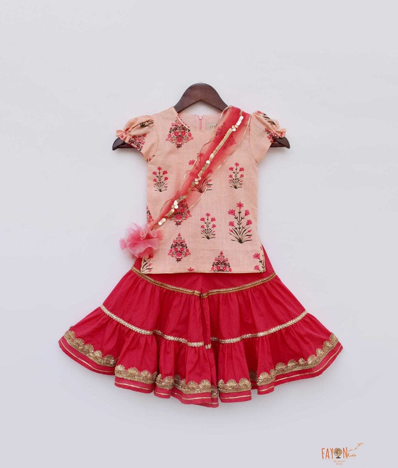 Peach Coral Cotton Printed Sharara with Kurti for Girls