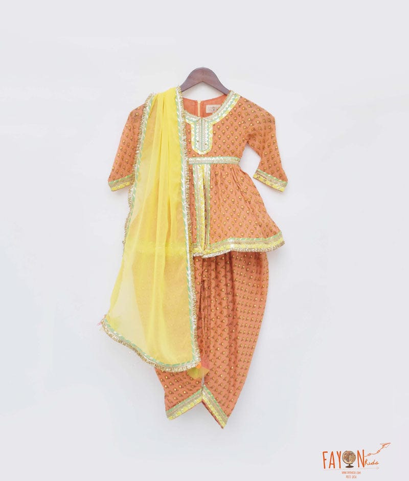 Peach Cotton Printed Dhoti Set with Georgette Dupatta for Girls