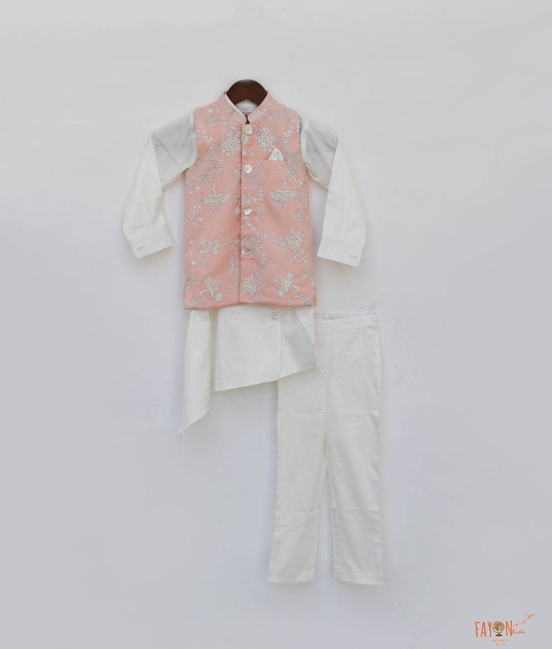 Peach Embroidery Nehru Jacket with Kurta Pant for Boys
