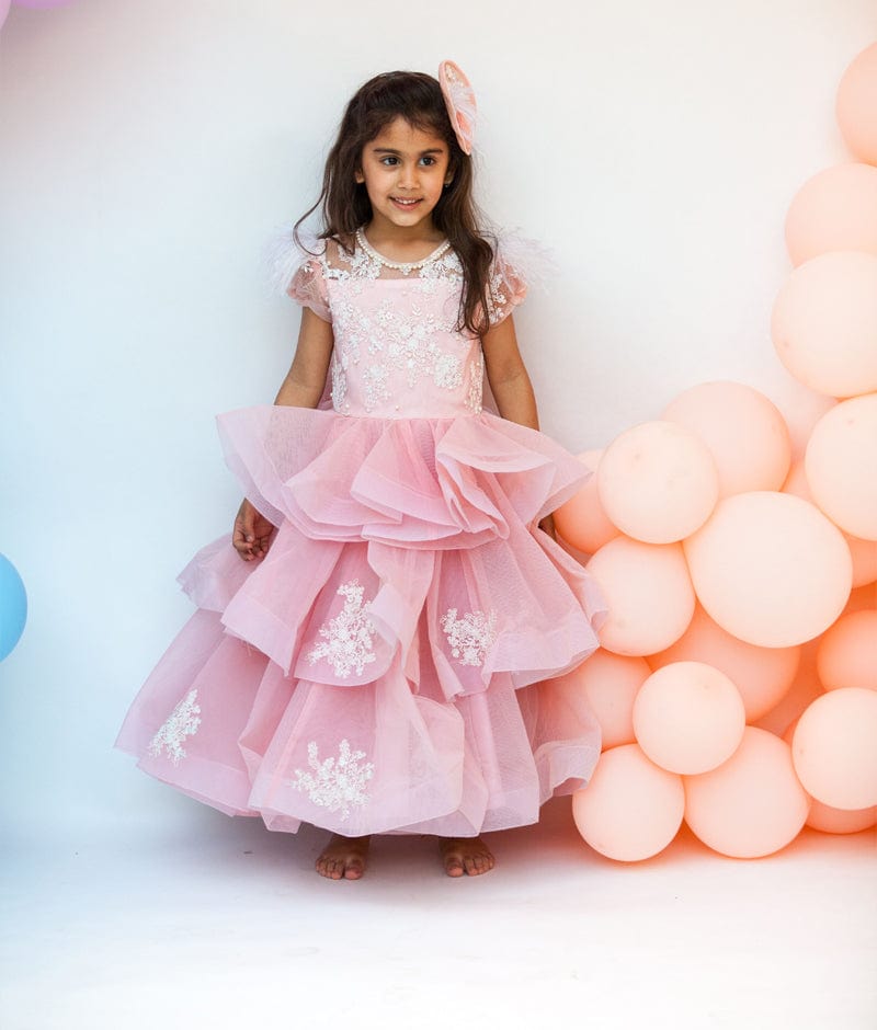 Peach Embroidery Net Gown for Girls