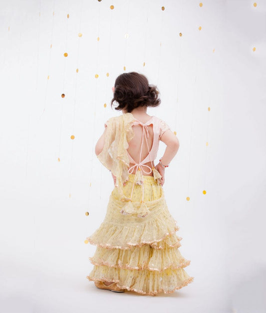 Peach Embroidery Yellow Chiffon Saree for Girls