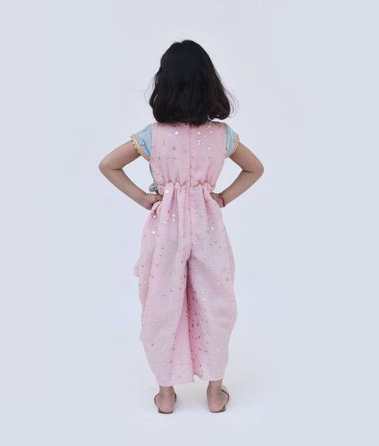 Peach Foil Georgette Blue Velvet Jacket Dhoti Set for Girls
