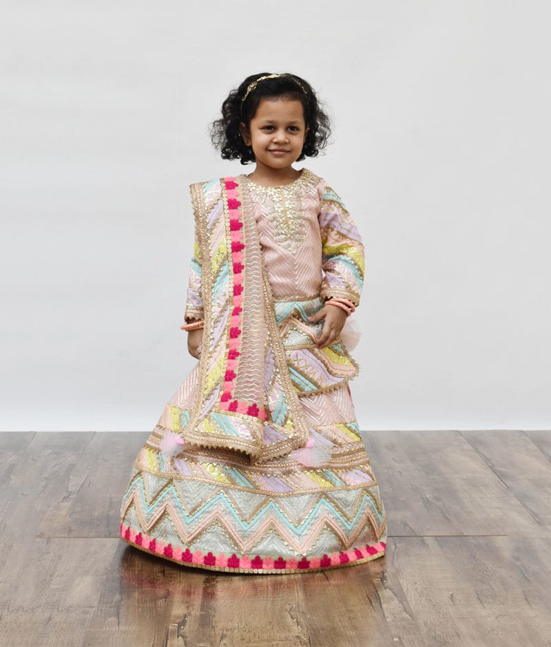 Peach Gotta Kurti with Lehenga Dupatta Set for Girls