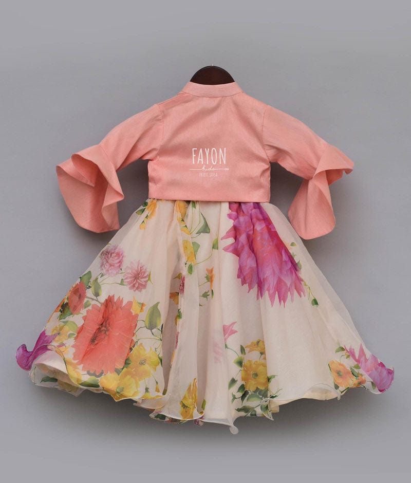 Peach Ivory Organza Printed Lehenga with Knotted Top for Girls