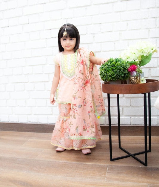Peach Kurti with Kotta Print Sharara and Printed Kotta Dupatta for Girls