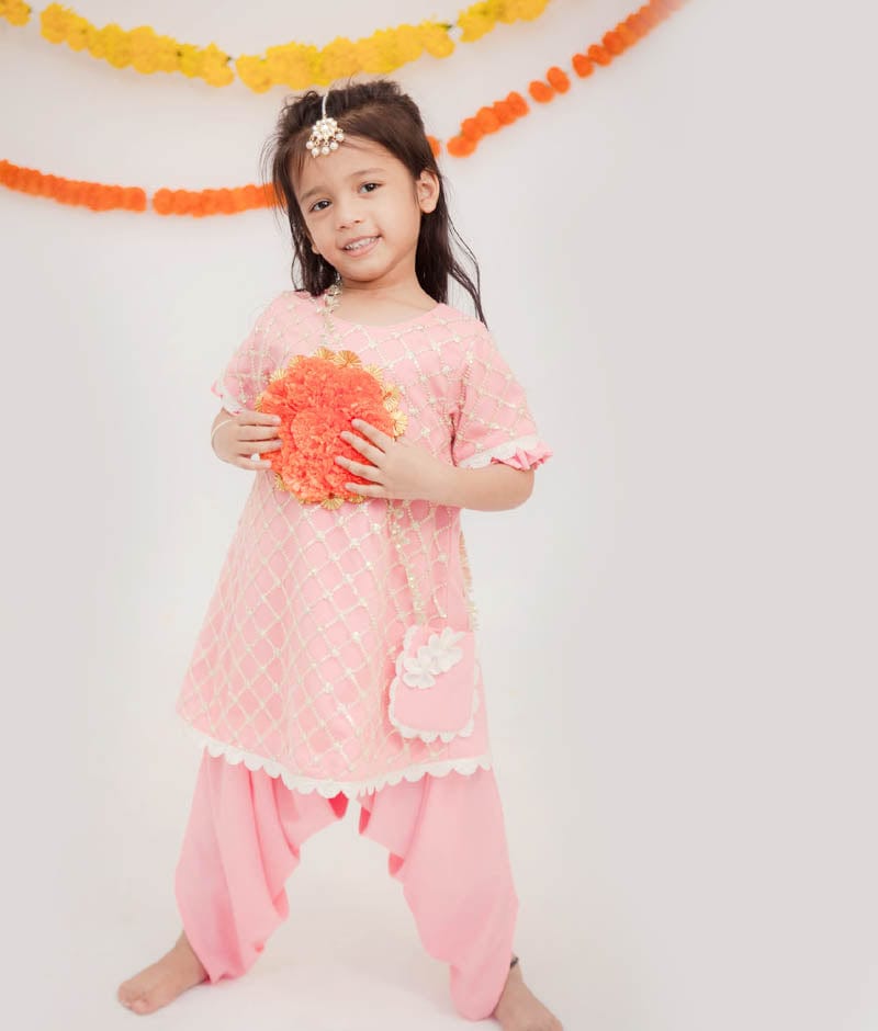 Peach Net Sequence Dhoti Set for Girls