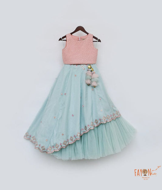 Peach Sequins Blue Organza and Net Lehenga with Choli for Girls