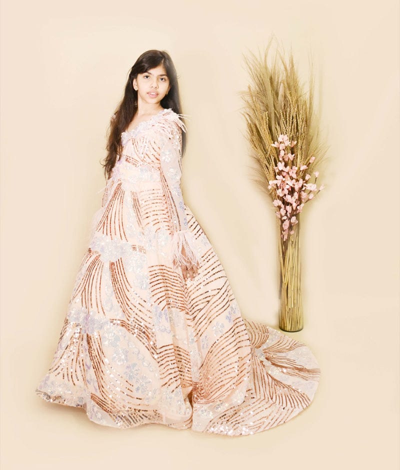 Peach Sequins High Low Gown for Girls
