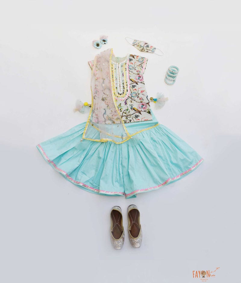 Peacock Printed Kurti with Blue Silk Sharara Boti Net Dupatta for Girls