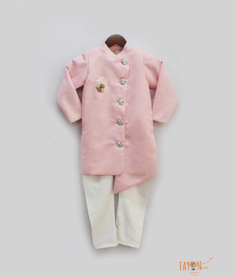 Pink Achkan with Printed Buttons Pant for Boys