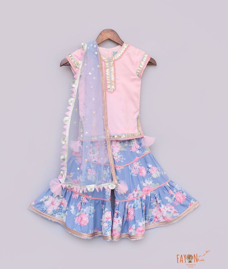 Pink Cotton Blue Printed Sharara with Kurti Boti Net Dupatta for Girls