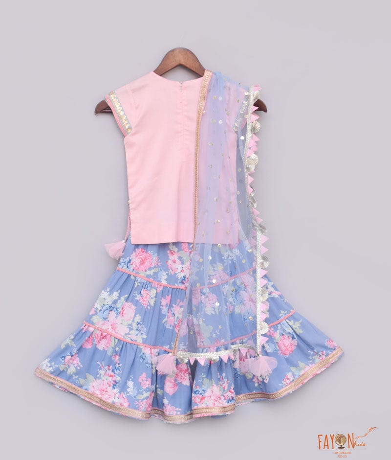 Pink Cotton Blue Printed Sharara with Kurti Boti Net Dupatta for Girls