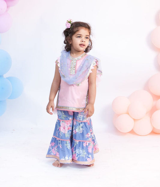 Pink Cotton Blue Printed Sharara with Kurti Boti Net Dupatta for Girls