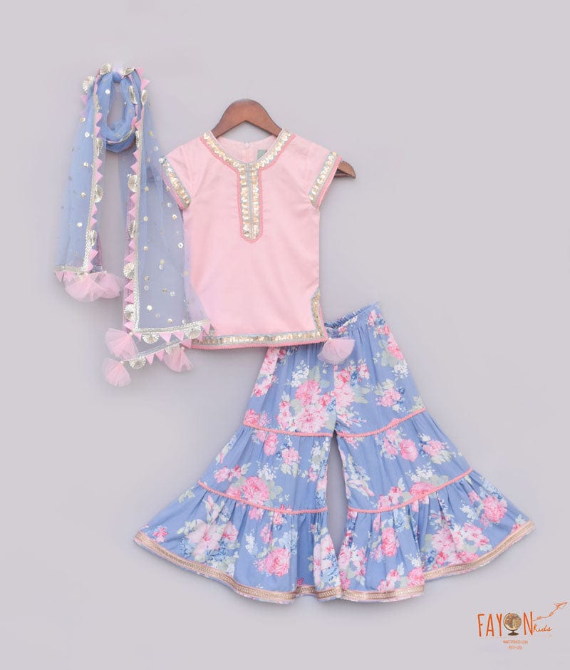 Pink Cotton Blue Printed Sharara with Kurti Boti Net Dupatta for Girls