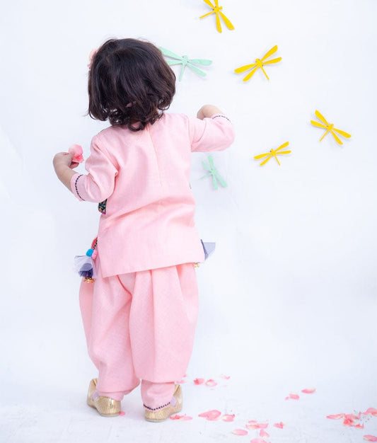 Pink Cotton Blue Velvet Jacket Dhoti Set for Girls