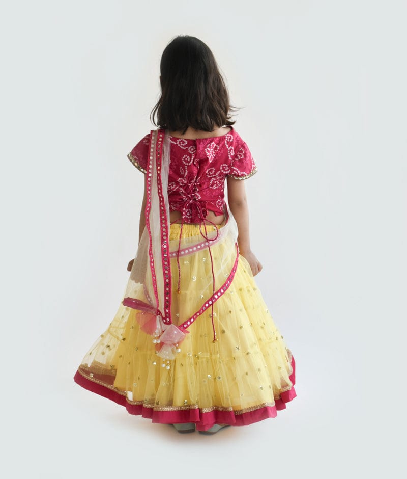 Pink Cotton Yellow Boti Net Lehenga with Choli Boti Net Dupatta for Girls